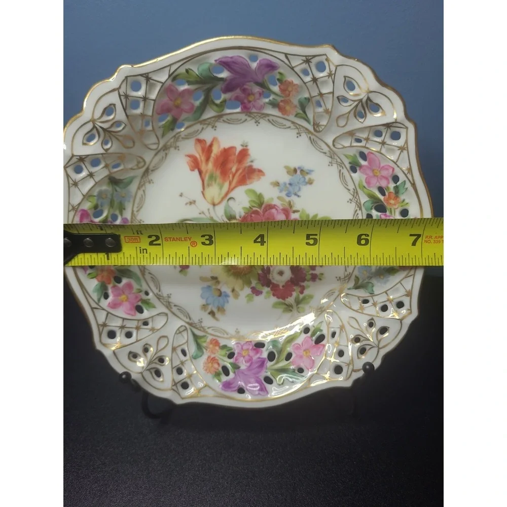Rare E.S. Prussia Dresden Flowers Gilded Porcelain Bowl Plate Scalloped Openwork